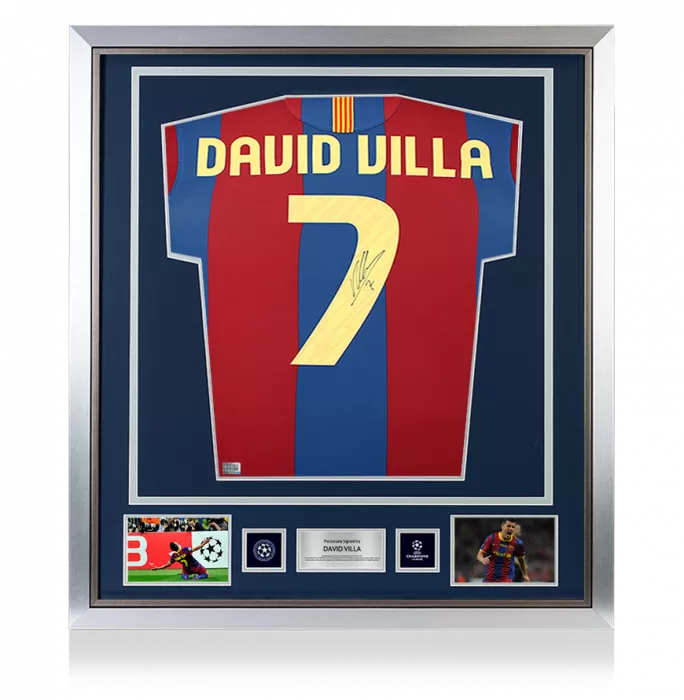 David Villa Official UEFA Champions League Back Signed and Framed FC Barcelona 2010-11 Home Shirt with Fan Style Number