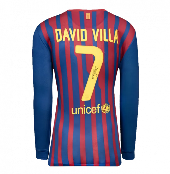 David Villa Official UEFA Champions League Back Signed And Hero Framed FC Barcelona 2011-12 Home Shirt - Long Sleeved