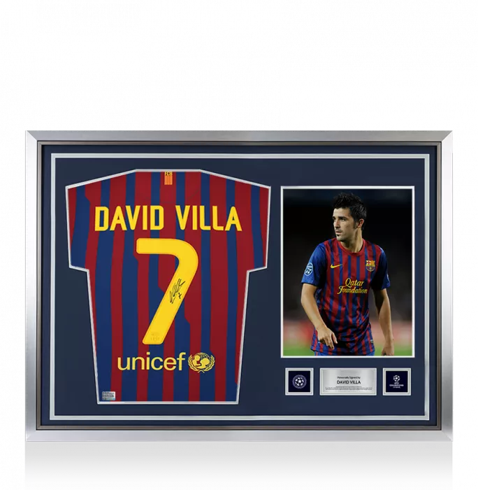 David Villa Official UEFA Champions League Back Signed and Hero Framed FC Barcelona 2011-12 Home Shirt - Long Sleeved