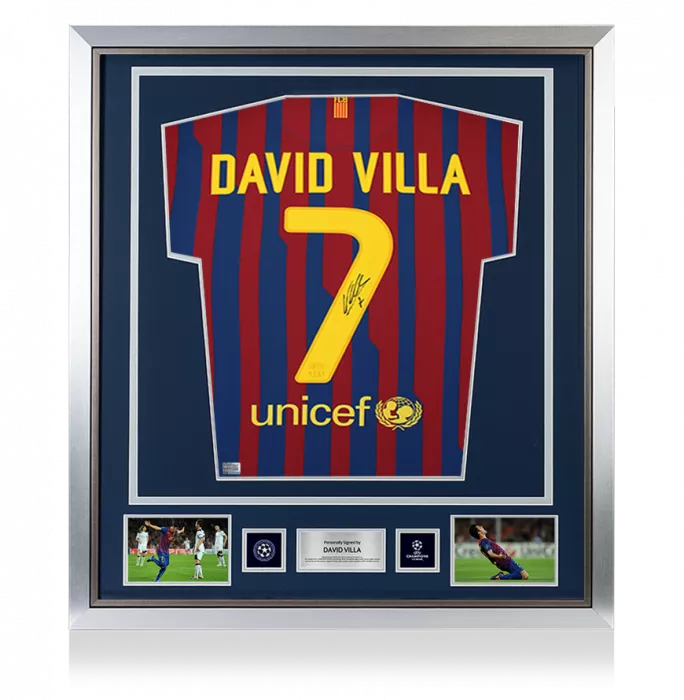 David Villa Official UEFA Champions League Back Signed and Framed FC Barcelona 2011-12 Home Shirt - Long Sleeved