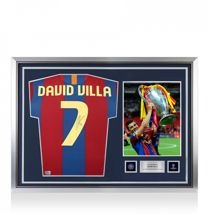 David Villa Official UEFA Champions League Back Signed and Hero Framed FC Barcelona 2010-11 Home Shirt with Fan Style Number