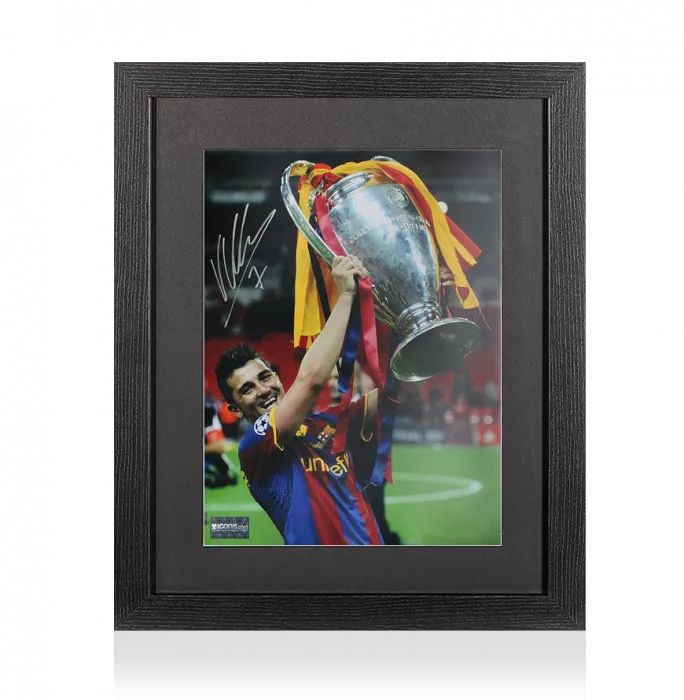 David Villa Signed FC Barcelona Photo In Black Wooden Frame: UEFA Champions League Winner