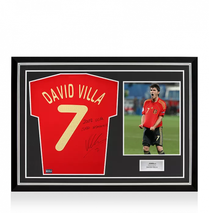 David Villa Signed Spain 2009 Home Shirt Inscription - "2008 UEFA EURO Winner" In Hero Frame: Option 1