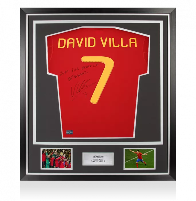 David Villa Signed Spain 2010 Home Shirt Inscription - "2010 FIFA World Cup Winner" In Classic Frame