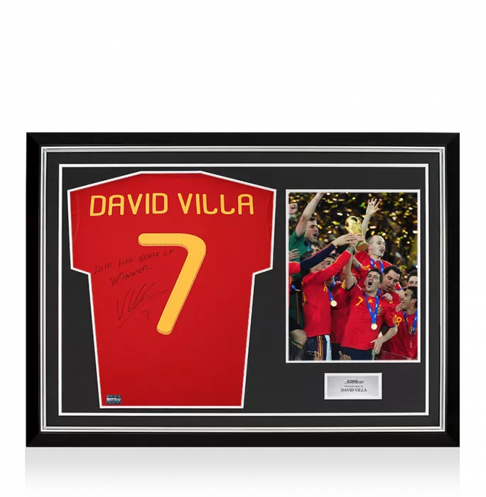 David Villa Signed Spain 2010 Home Shirt Inscription - "2010 FIFA World Cup Winner" In Hero Frame: Option 1