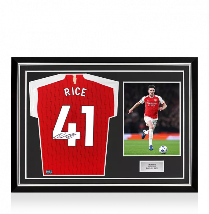 Declan Rice Back Signed Arsenal 2023-24 Home Shirt with Fan Style Numbers In Hero Frame: Option 1