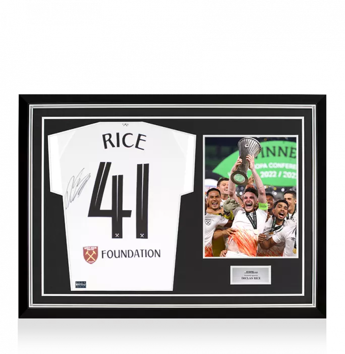 Declan Rice Back Signed West Ham United 2022-23 Third Shirt - Europa Conference League Final Edition In Hero Frame: Option 1