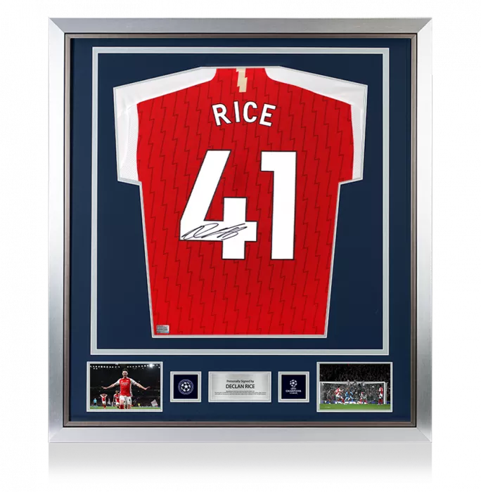 Declan Rice Official UEFA Champions League Back Signed And Framed Arsenal 2023-24 Home Shirt With Fan Style Numbers