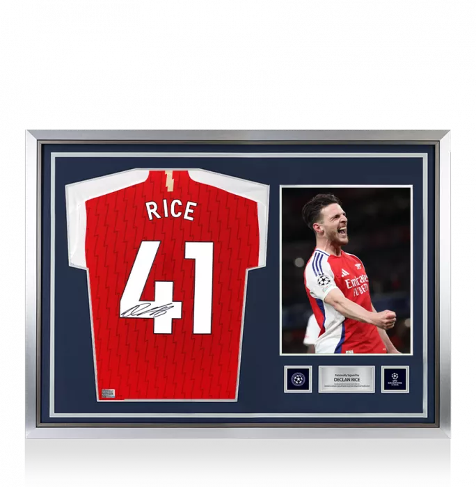 Declan Rice Official UEFA Champions League Back Signed and Hero Framed Arsenal 2023-24 Home Shirt with Fan Style Numbers