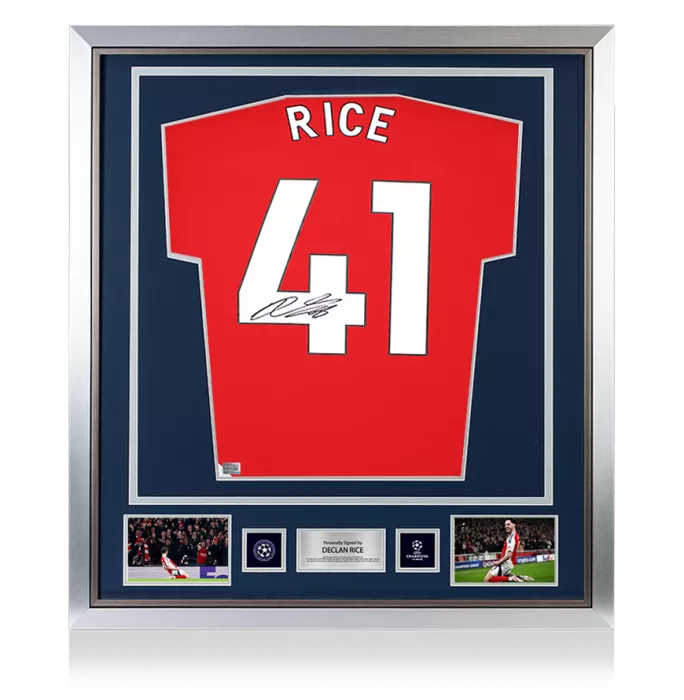 Declan Rice Official UEFA Champions League Back Signed and Framed Arsenal 2024-25 Home Shirt with Fan Style Numbers