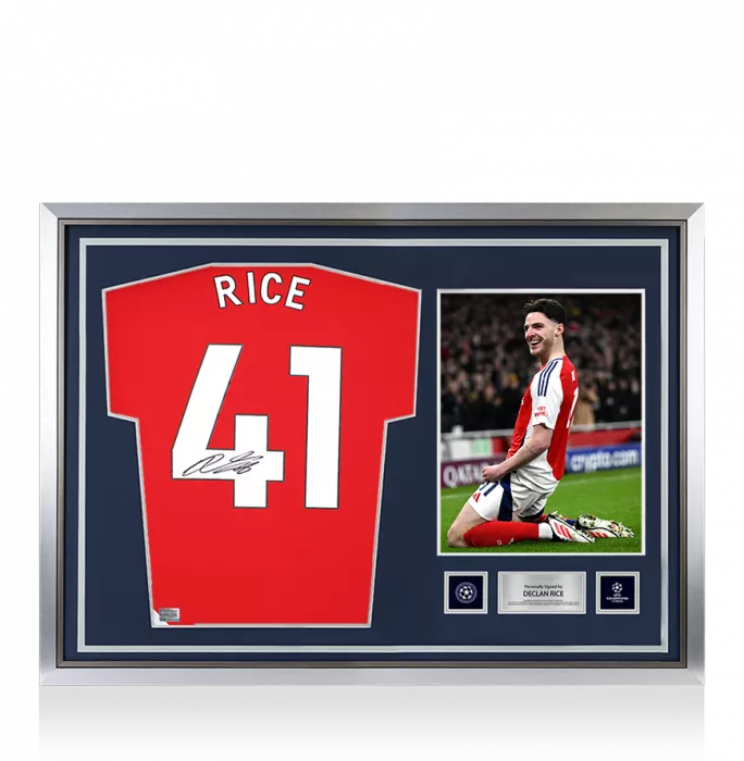 Declan Rice Official UEFA Champions League Back Signed And Hero Framed Arsenal 2024-25 Home Shirt With Fan Style Numbers