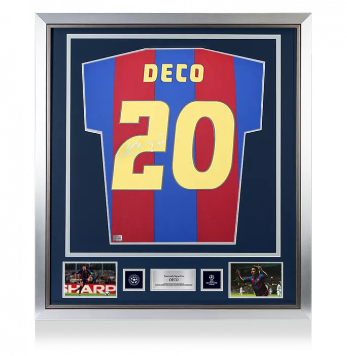 Deco Official UEFA Champions League Back Signed and Framed FC Barcelona Retro Home Shirt