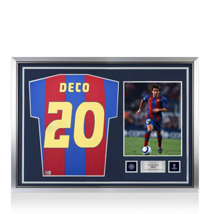 Deco Official UEFA Champions League Back Signed and Hero Framed FC Barcelona Retro Home Shirt
