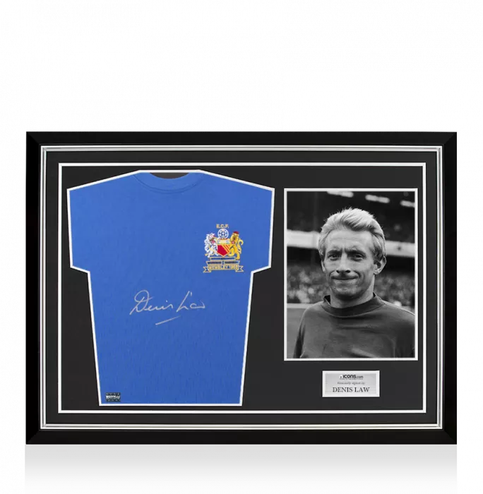 Denis Law Front Signed Manchester United Away Shirt: 1968 European Cup Final Edition Home Shirt In Hero Frame: Option 1