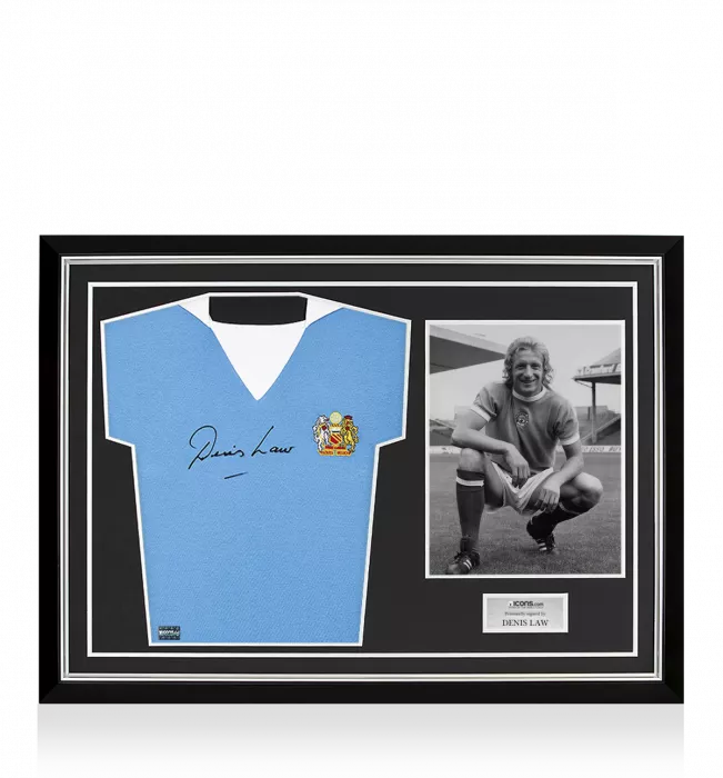 Denis Law Front Signed Retro Manchester City Home Shirt Home Shirt In Hero Frame: Option 1