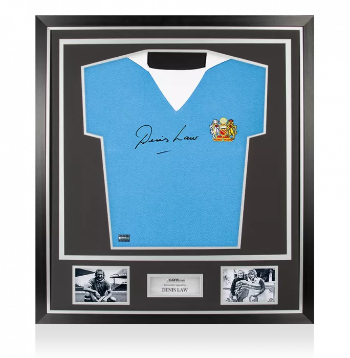 Denis Law Front Signed Retro Manchester City Home Shirt In Classic Frame