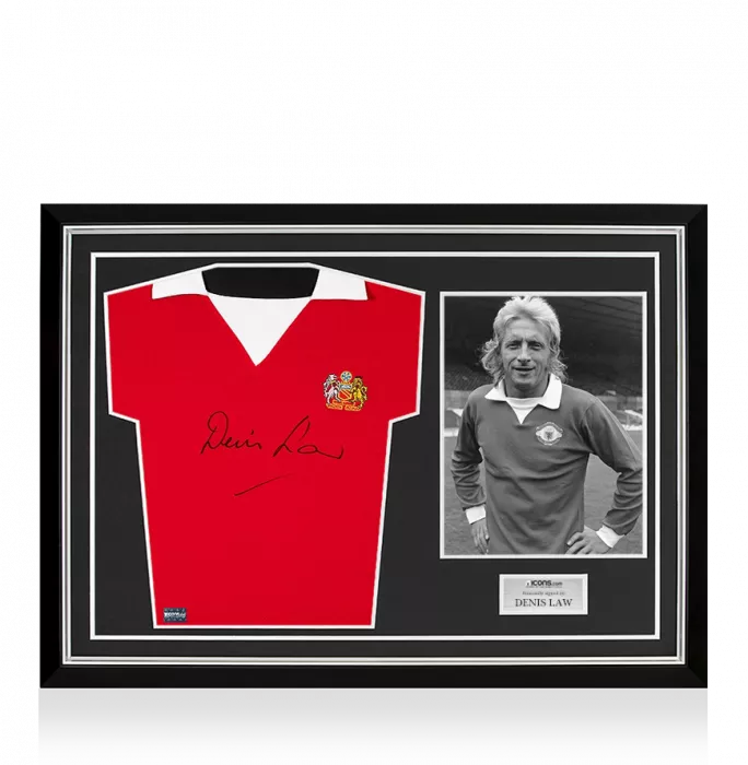 Denis Law Front Signed Retro Manchester United Home Shirt Home Shirt In Hero Frame: Option 1