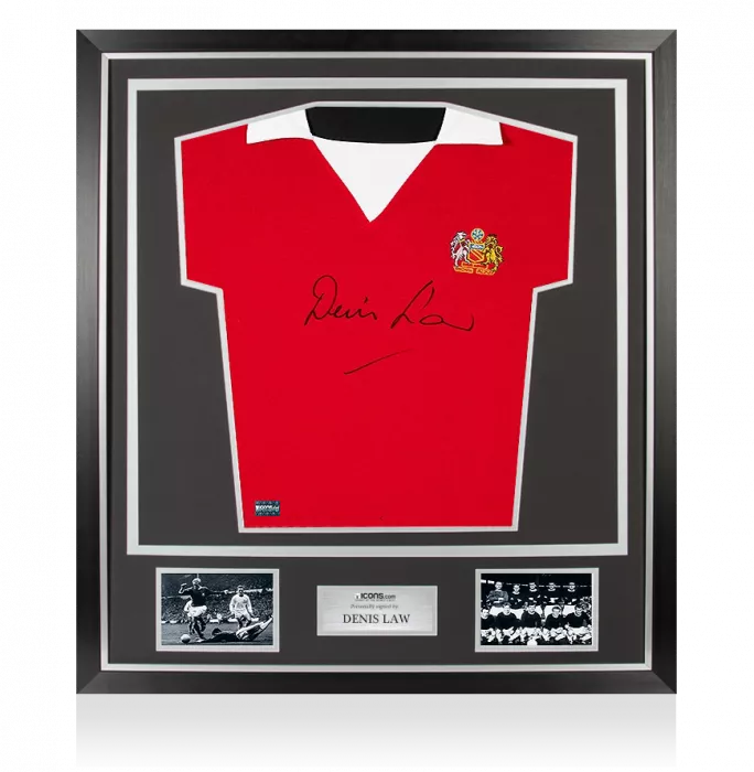 Denis Law Front Signed Retro Manchester United Home Shirt In Classic Frame