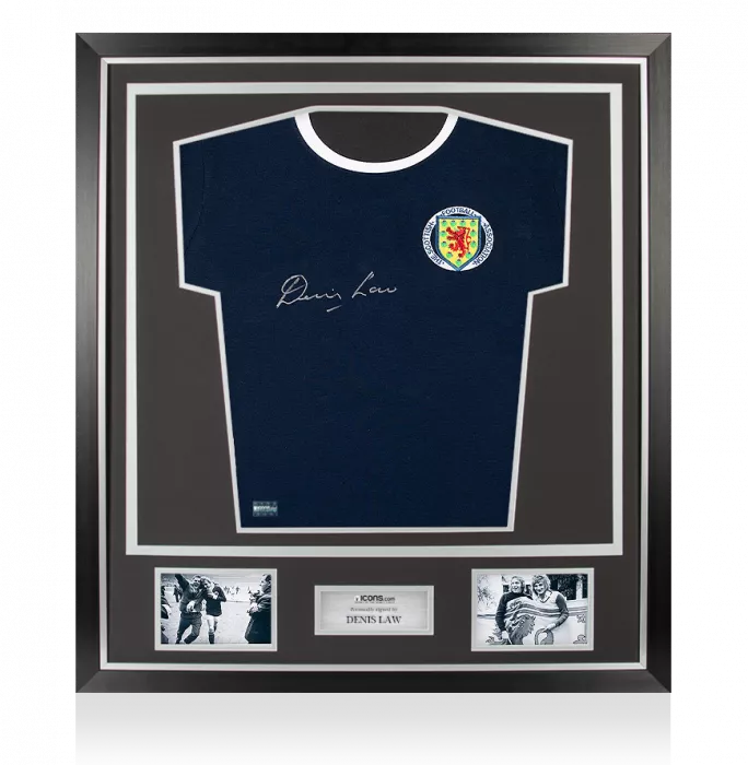 Denis Law Front Signed Retro Scotland Home Shirt In Classic Frame