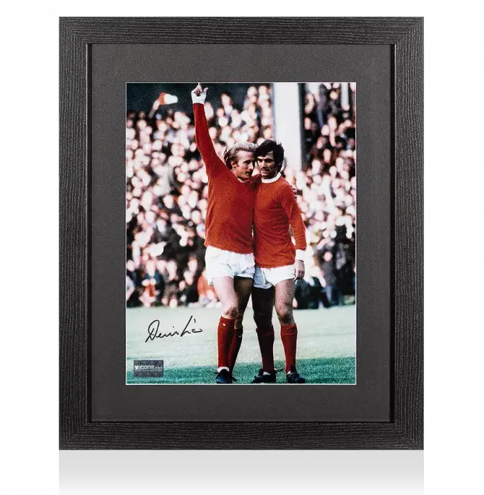 Denis Law Signed Manchester United Photo In Black Wooden Frame: Celebrating With George Best