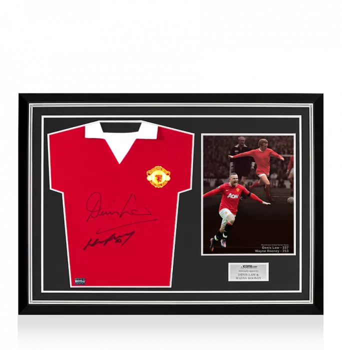Denis Law & Wayne Rooney Front Signed Retro Manchester United Home Shirt Home Shirt In Hero Frame: Option 1