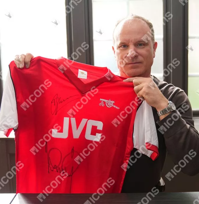 Dennis Bergkamp And Ian Wright Dual Signed Arsenal Retro Home Shirt In Deluxe Packaging