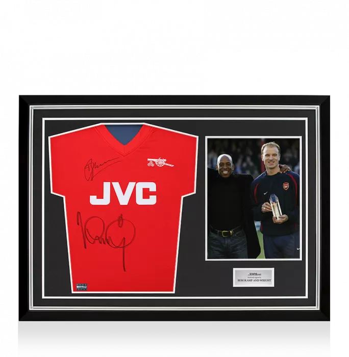 Dennis Bergkamp and Ian Wright Dual Signed Arsenal Retro Home Shirt In Hero Frame: Option 1