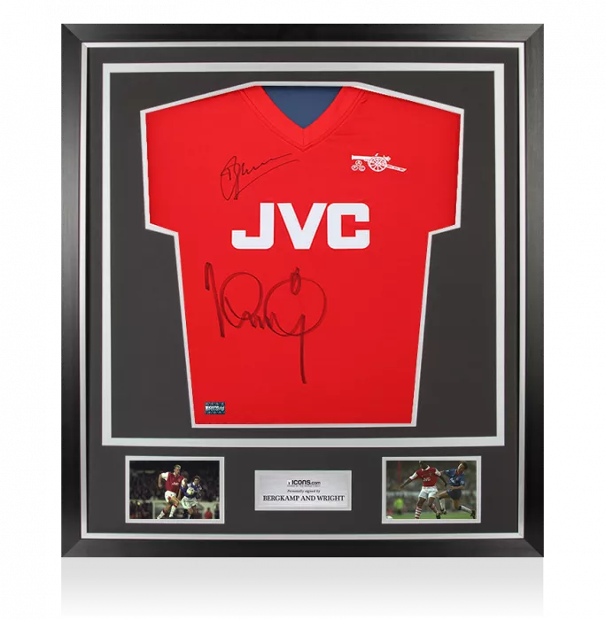Dennis Bergkamp and Ian Wright Dual Signed Arsenal Retro Home Shirt In Classic Frame