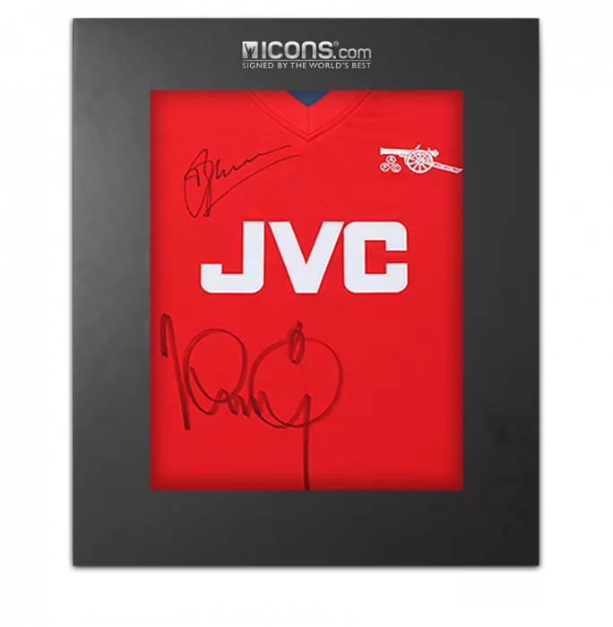 Dennis Bergkamp and Ian Wright Dual Signed Arsenal Retro Home Shirt In Deluxe Packaging