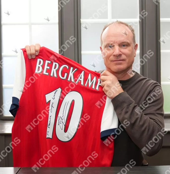 Dennis Bergkamp Back Signed Arsenal Icon Home Shirt - "5x Premier League Winner" Inscription In Hero Frame: Option 1