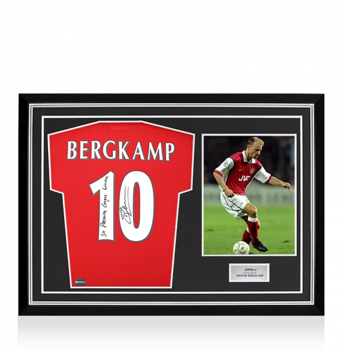 Dennis Bergkamp Back Signed Arsenal Icon Home Shirt - "5x Premier League Winner" Inscription In Hero Frame: Option 1