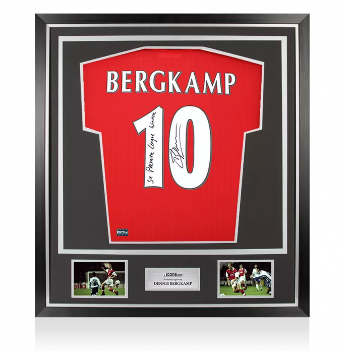 Dennis Bergkamp Back Signed Arsenal Icon Home Shirt - "5x Premier League Winner" Inscription In Classic Frame