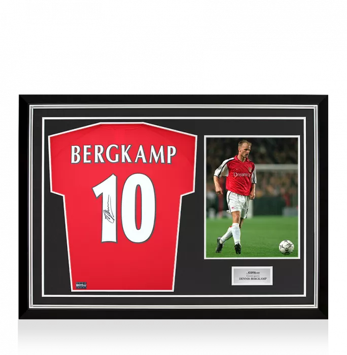 Dennis Bergkamp Back Signed Arsenal T-Shirt with Fan Style Numbers In Hero Frame: Option 1