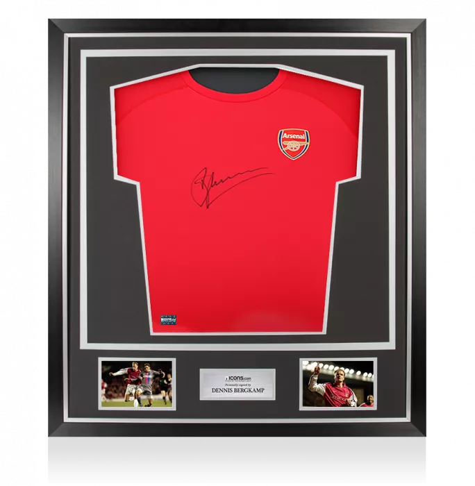 Dennis Bergkamp Front Signed Arsenal T-Shirt In Classic Frame
