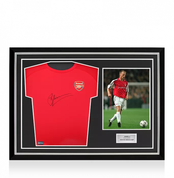 Dennis Bergkamp Front Signed Arsenal T-Shirt In Hero Frame: Option 1
