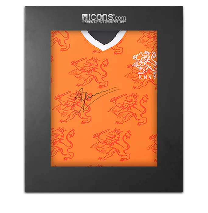 Dennis Bergkamp Front Signed Retro Netherlands Home Shirt In Deluxe Packaging
