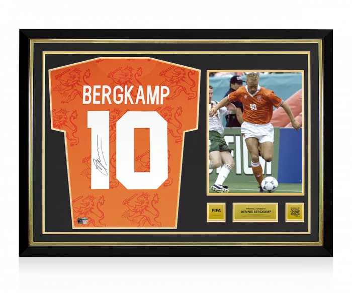 Dennis Bergkamp Official 1994 FIFA World Cup™ Back Signed and Hero Framed Retro Netherlands Shirt