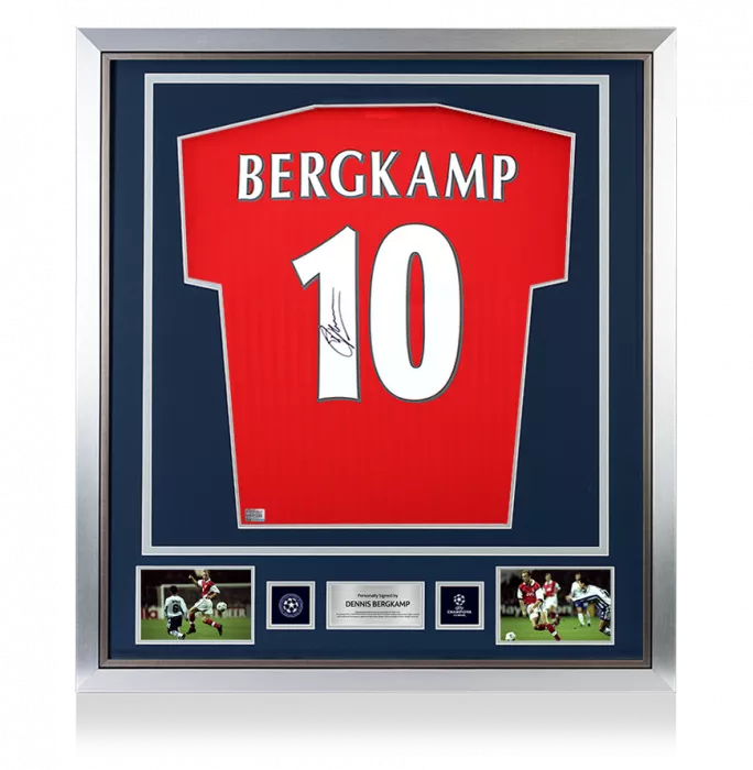 Dennis Bergkamp Official UEFA Champions League Back Signed and Framed Arsenal Icon Home Shirt with Fan Style Numbers