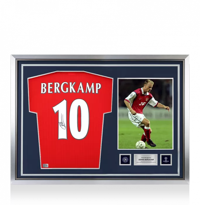 Dennis Bergkamp Official UEFA Champions League Back Signed And Hero Framed Arsenal Icon Home Shirt With Fan Style Numbers