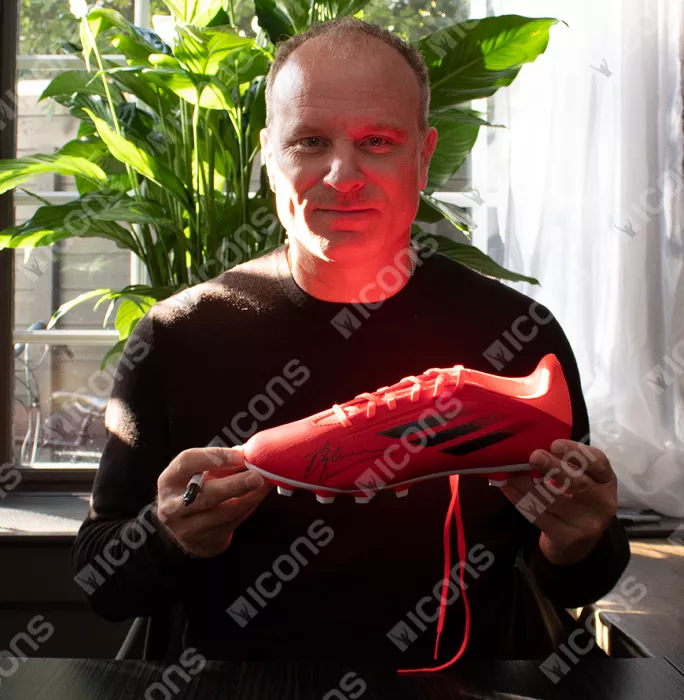 Dennis Bergkamp Official UEFA Europa League Signed Red Adidas X Boot In Acrylic Case