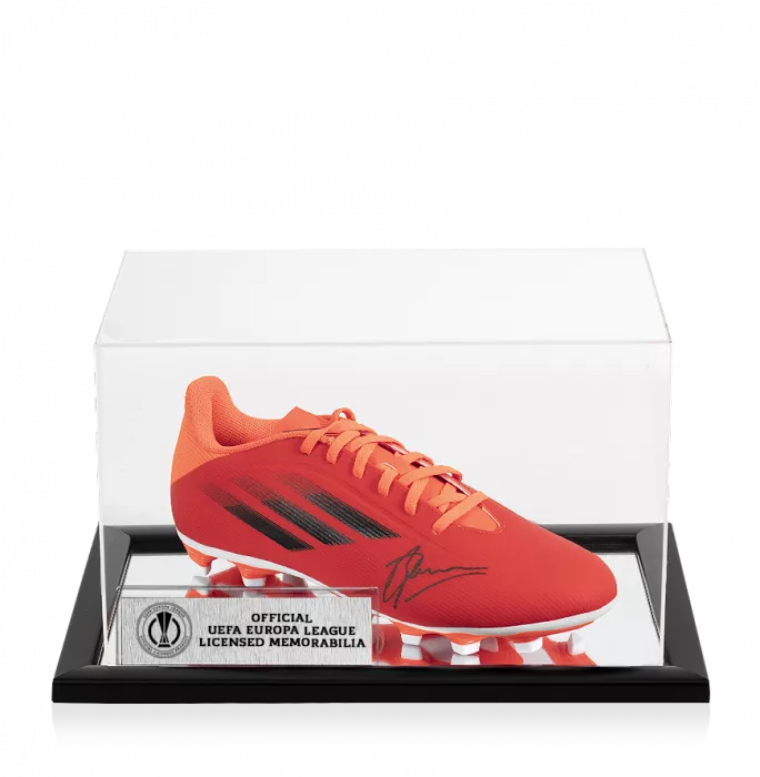Dennis Bergkamp Official UEFA Europa League Signed Red Adidas X Boot In Acrylic Case