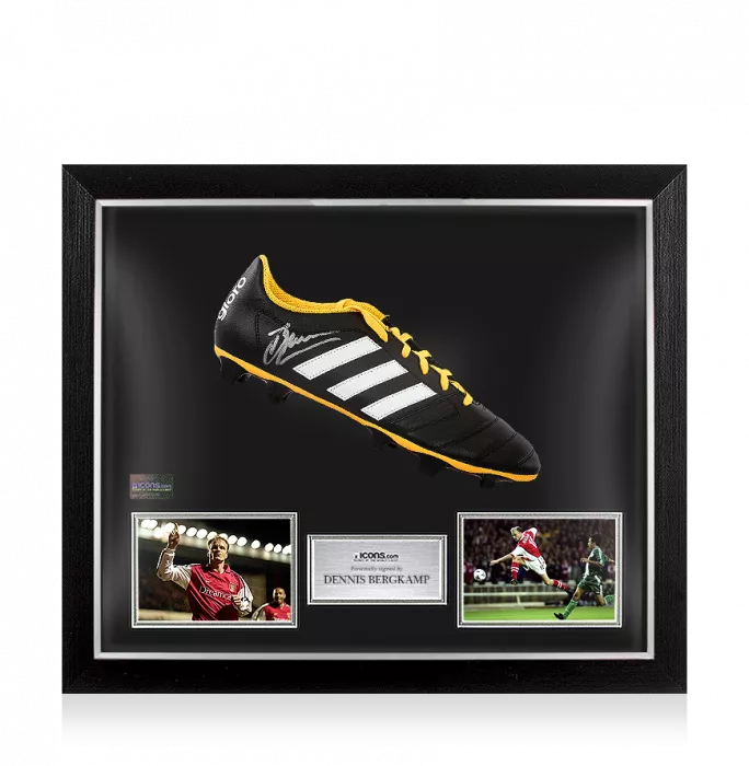 Dennis Bergkamp Signed Black and Yellow Adidas Gloro Boot In Bubble Frame: Option 1