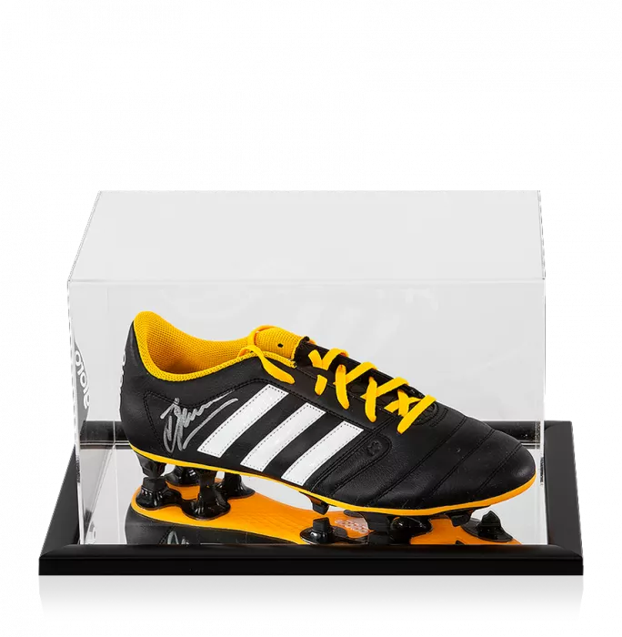 Dennis Bergkamp Signed Black and Yellow Adidas Gloro Boot In Acrylic Case