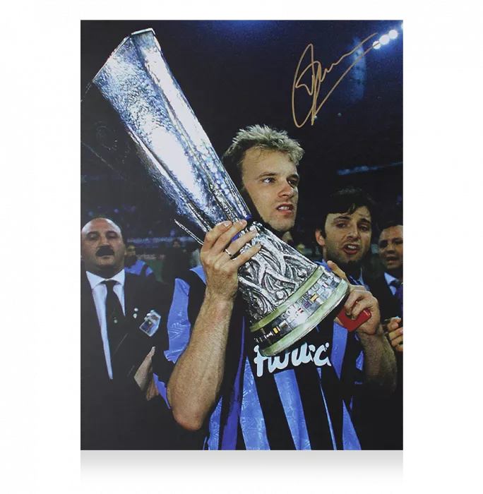 Dennis Bergkamp Signed Internazionale Photo In Black Wooden Frame: UEFA Cup Winner
