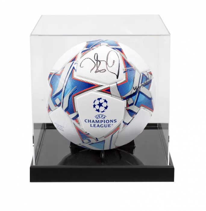 Didier Drogba and Petr Cech Dual Signed UEFA Champions League Football In Acrylic Case