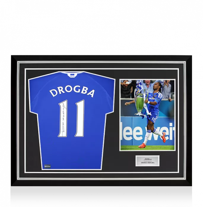 Didier Drogba Back Signed Chelsea 2000-01 Home Shirt with Fan Style Numbers In Hero Frame: Option 1