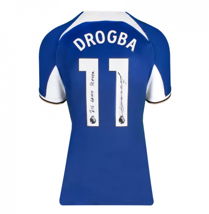 Didier Drogba Back Signed Chelsea 2023-24 Home Shirt - "Big Game Player" Inscription In Hero Frame: Option 1