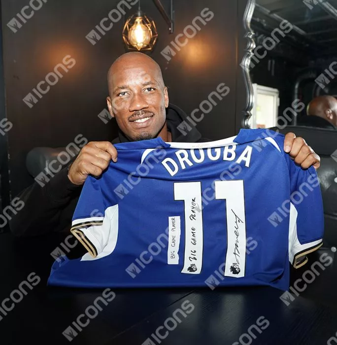Didier Drogba Back Signed Chelsea 2023-24 Home Shirt - "Big Game Player" Inscription In Hero Frame: Option 1