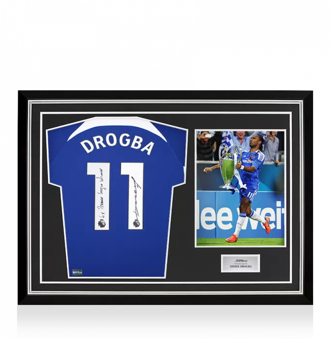 Didier Drogba Back Signed Chelsea 2023-24 Home Shirt - "4x Premier League Winner" Inscription In Hero Frame: Option 1