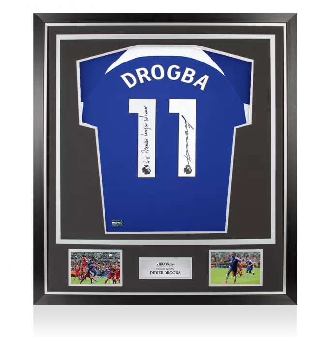 Didier Drogba Back Signed Chelsea 2023-24 Home Shirt - "4x Premier League Winner" Inscription In Classic Frame